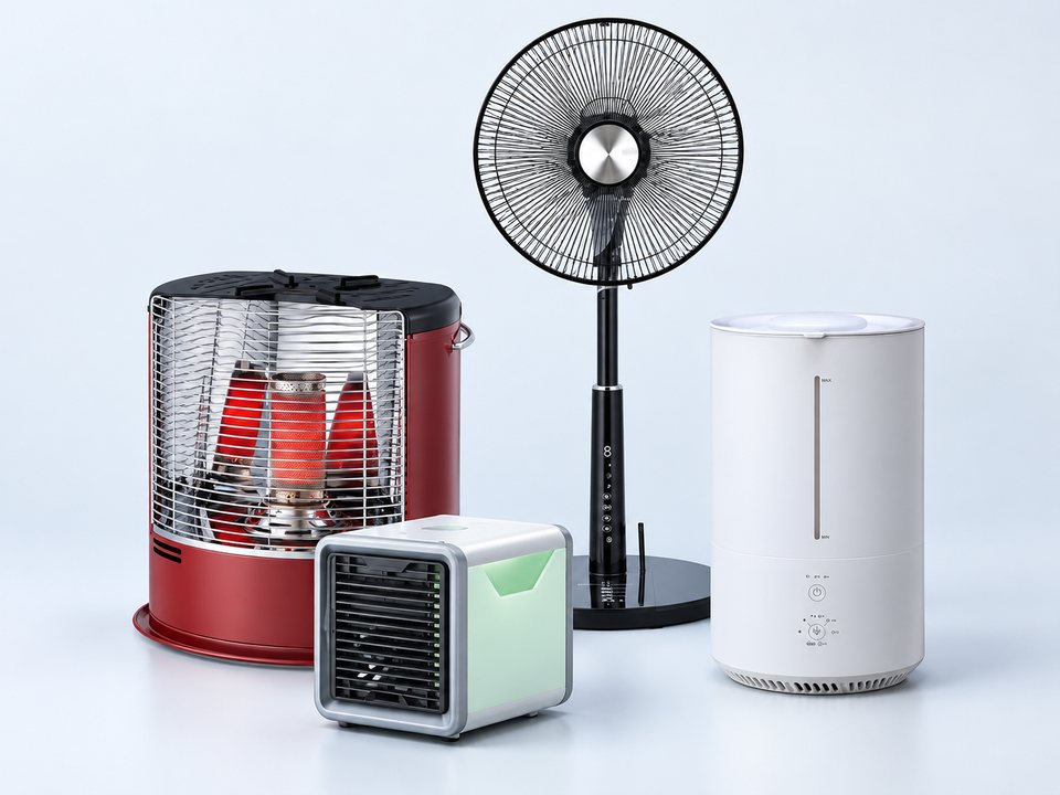 買取強化中の人気商品(卓上扇風機 ここひえ サーキュレーター・イワタニ カセットガスストーブ デカ暖III・おおたけ DCモーター扇風機 30cm・ユアサプライムス スチーム加湿器)