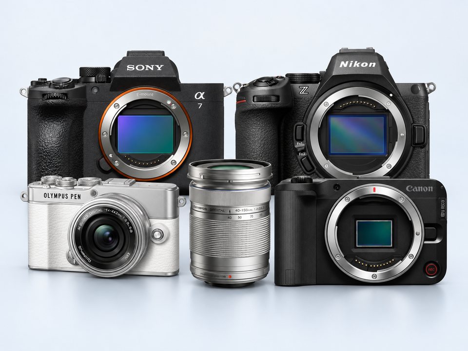 買取強化中の人気商品(SONY α7 V ボディ ILCE-7M5・OM SYSTEM PEN E-P7 ズームキット・ニコン Z5II ミラーレスカメラ・CANON EOS R50V ミラーレスカメラ)