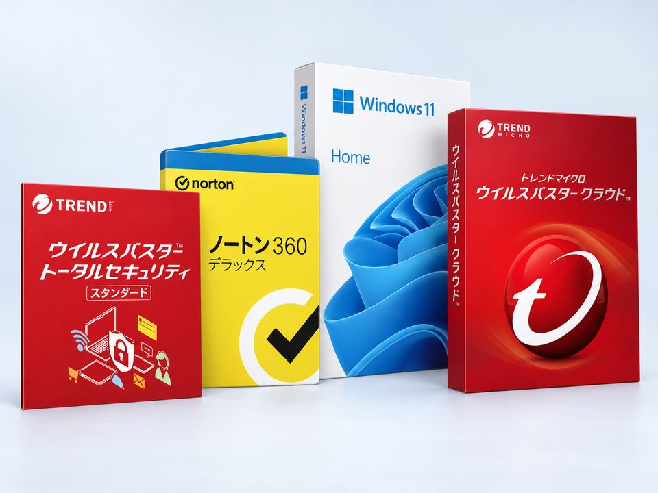 買取強化中の人気商品（トレンドマイクロ ウイルスバスター 3年版・ノートン360デラックス 1年 ３台版 同時購入版・Windows 11 Home 日本語版 1PC 永・ウイルスバスター クラウド 3年版）